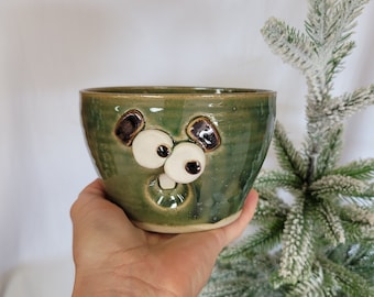 Funny Forgetful Breakfast Cereal Bowl with Handle. MANGUS. Green Pottery Dishes. Ceramics Stoneware Clay Nelson Studio Ug Chug Face Pottery.