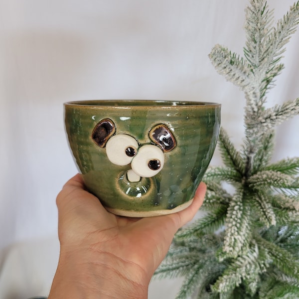 Funny Forgetful Breakfast Cereal Bowl with Handle. MANGUS. Green Pottery Dishes. Ceramics Stoneware Clay Nelson Studio Ug Chug Face Pottery.