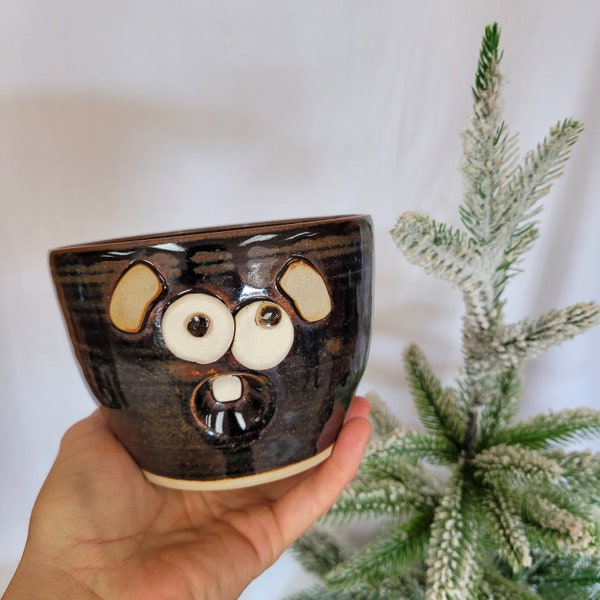 Cereal Bowl in Black Brown. Stoneware Pottery Bowl. Rice Noodle Salad Soup Bowl. Funny Sleepy Face Good Morning Oatmeal Bowl. Nelson Studio