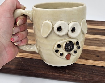 Handmade Pottery Dog Mug | Ug Chug Animal Face Coffee Cup | Cream White