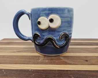 Mustache Mug, Funny Face Pottery Coffee Cup, Handmade Blue Stoneware