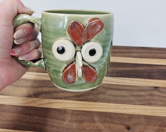 Handmade Stoneware Rooster Mug, Green Pottery Coffee Cup