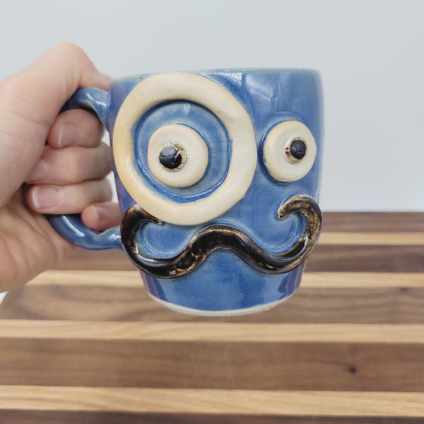 Handmade Stoneware Mug: Blue Mustache Monocle Coffee Cup