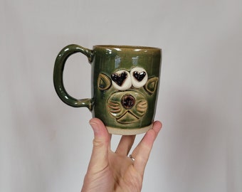 Kitty Love Coffee Gift. Captain Cuddles Cat Face Mug. Heart Eyes Coffee Cup. Fun Animal Pet Lover Gift Idea. Handmade Stoneware Clay