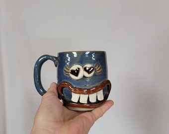 Girlfriend Wife Mom Love gift. BROOK. Funny VDay Blue Coffee Cup. Googly Heart Eye Face Mug for Her. Heart Lover Woman. Stoneware