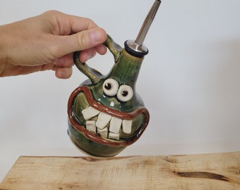 Oil Cruet Dispenser with Pour Spout. Stoneware Pottery Kitchen Containers and Jars. Ug Chug Smiley Face. For the Chef Cook Foodie. Green.