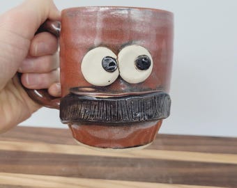 Handmade Pottery Mug: Rustic Red Stoneware, Bushy Mustache Face