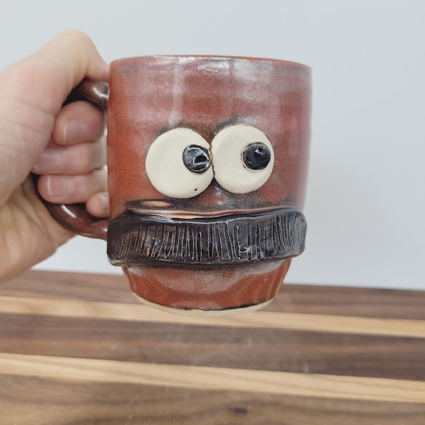 Handmade Pottery Mug: Rustic Red Stoneware, Bushy Mustache Face