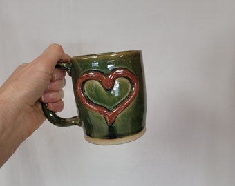 Green Sweetheart Coffee Cup. Heart Shape Love Mug Ceramic Pottery with Red Heart Design. Gifts for Mom Dad Husband Wife Girlfriend Boyfriend