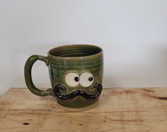 Stoneware Mug. Dad's Handlebar Mustache Coffee Cup. ETHAN Large Green Mug. Beer Mug. Gifts for Him. Nelsonstudio Ug Chug Face Mug