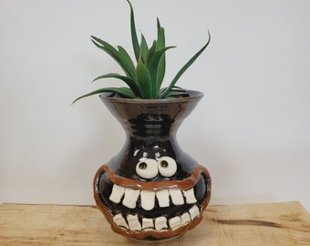 Handmade Pottery Wheelthrown Flower Vase. Southern Face Jugs. Fun and Unique Home Decor. Stoneware Kitchen Counter Living Room