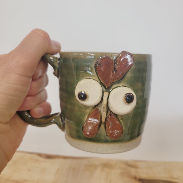 RICK the Farmhouse Rooster Mug. Chicken Collector Coffee Cup. Handmade Stoneware Clay Pottery. Ceramic Cups Mug. Green Nelson Studio Ug Chug