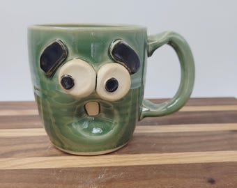 Fun Ceramic Morning Coffee Cup | Green | Handmade Ceramic Face Mug | LEFTY
