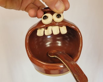 Funny Face Jug Salt Cellar. Stoneware Pottery Salt Keeper. Kitchenware Red Brown Functional Pottery. Dipper Spoon. Nelson Ug Chug