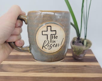 Easter Morning Mug | He is Risen! | Handmade Coffee Cup | Christian Gifts | Rusty Blue Brown