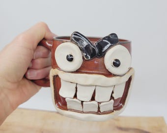 Funny Face Coffee Mug - Handmade Red Pottery, Gift for Him