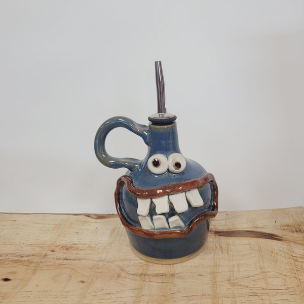 Oil Cruet with Pour Spout. Stoneware Clay Pottery Kitchen Containers and Jars. Ug Chug Smiley Face. For the Chef Cook Foodie. Blue.