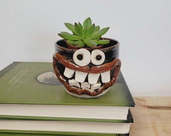 Succulent Pot Small Planter. Cute Little Bowl. Cactus Plant Pot. Cute Mini Smiley Face Planter Black. Home Pottery. Plant Lover Ideas.