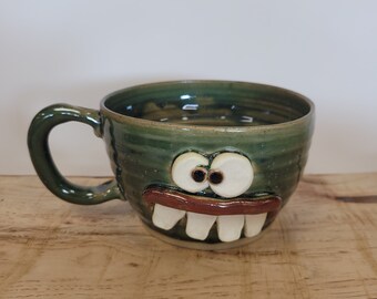 Soup Bowl Mug. Green Pottery Bowl  Funny Face Breakfast Morning Bowl. JOHN Ice Cream Dessert Snack Bowl. Morning Breakfast Cereal. Ug Chug..