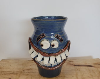 Kitchen Utensil Holder Face Pot. Sweet Tooth Kitchen Accessories. Blue. Handmade Stoneware Pottery Ugly Jugs. NelsonStudio UG CHUG