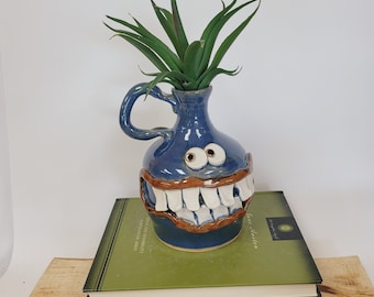 Ug Chug Face Jug. Funny Sweet Tooth Kitchen Jar. Blue. Handmade Stoneware Pottery Ugly Jugs. Modern Southern Face Pots. Bud Flower Vase.