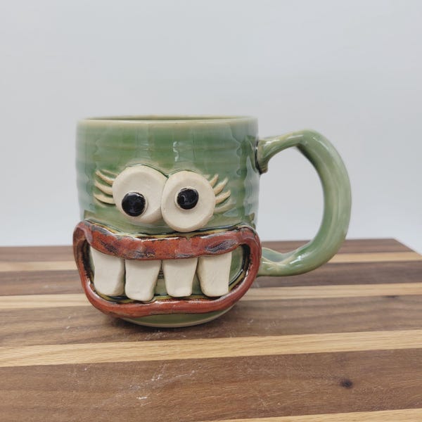 Stoneware Pottery Face Mug | Coffee Cup in Green | Left Handed