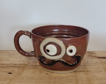 Soup Mug Bowl with Handle. Pottery Crock Funny Face Mugs. Rustic Red. Handmade Stoneware Pottery. Cereal Soup Chili Bowls. Ug Chug