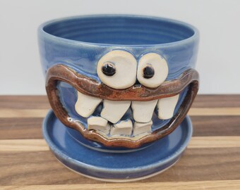 Small Planter with Drainage Plate. Blue. Gifts for Mom Plant Lover