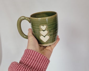 Stack of Hearts Pottery Clay Coffee Tea Mug Sweet and Simple White and Green Modern Mug for Husband Wife. Home and Kitchen Decor