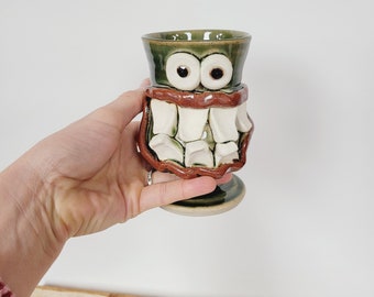 Whiskey Tumbler. Face Mugs. Handmade Stoneware Pottery Cup. Fun Gift Ideas. Wine Drinking Glass. Small Cup Short Stem Green. One of a Kind