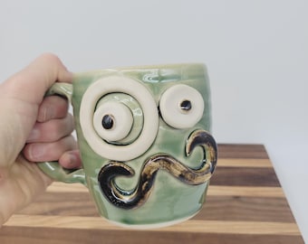 Handmade Green Face Mug, Monocle Man, 12 - 14 oz Ug Chug