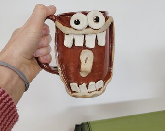 New. FRED the DOUGHNUT LOVER Coffee Mug. Nelson Studio Ug Chug Face Mug. 16 Ounces Mans Beer Tankard. Stoneware Pottery Stein Red.