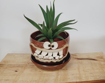 Herb Planter. Herb Gardening. Fun Face Pots. Gifts for Mom. Indoor Outdoor Succulent Gardening Stoneware Pot Rustic Red. NelsonStudio UgChug