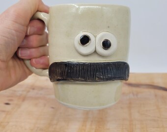 Signed Handmade Stoneware Face Mug 3D Mustache Man Pottery 4" Blue & Tan. -  Etsy