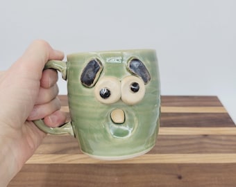Fun Ceramic Morning Coffee Cup | Green | Handmade Ceramic Face Mug