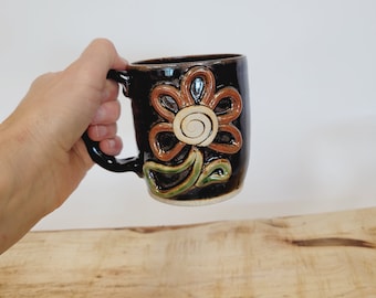 Mother's Day Flower Tea Mug Coffee Cup. Black. Ceramic Pottery Mug with Big Gerber Daisy Flower Nature Lover Mug. Gifts for Nature Lovers