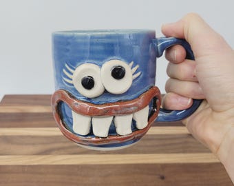 Funny Face Monday Morning Mug - Handmade Pottery Coffee Cup Lefty