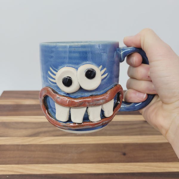 Funny Face Monday Morning Mug - Handmade Pottery Coffee Cup Lefty