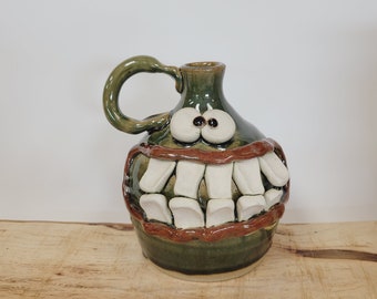 Ug Chug Face Jug. Easily Annoyed Kitchen Jar. Green. Handmade Stoneware Pottery Ugly Jugs. Modern Southern Face Pots. Bud Flower Vase.