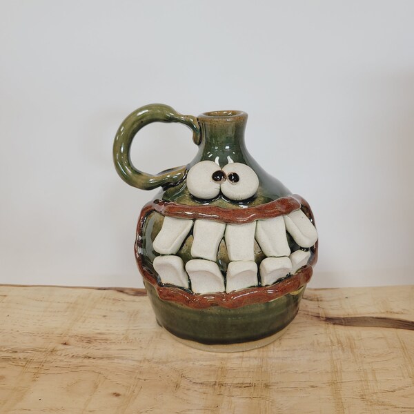 Ug Chug Face Jug. Easily Annoyed Kitchen Jar. Green. Handmade Stoneware Pottery Ugly Jugs. Modern Southern Face Pots. Bud Flower Vase.