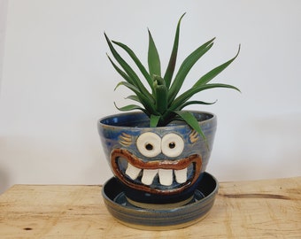 Mother's Day Herb Planter. Herb Gardening. Fun Face Pots. Gifts for Mom. Indoor Succulent Gardening Stoneware Pot. Cobalt Blue. NelsonStudio