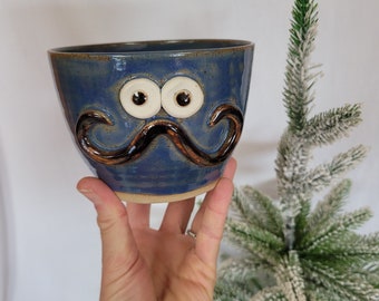 Mustache Shaving Bowl. Pottery Ceramic Face with Mustache. Blue Soup Noodle Bowl. Fun Husband Man Gift. Uptight Witty  Unique Gifts.