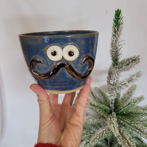 Mustache Shaving Bowl. Pottery Ceramic Face with Mustache. Blue Soup Noodle Bowl. Fun Husband Man Gift. Uptight Witty  Unique Gifts.