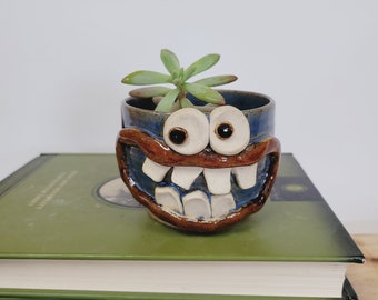 Succulent Pot Small Planter. Gifts for Mom. Cactus Plant Pot. Cute Mini Smiley Face Planter Blue. Home Pottery. Plant Lover Gift Ideas.