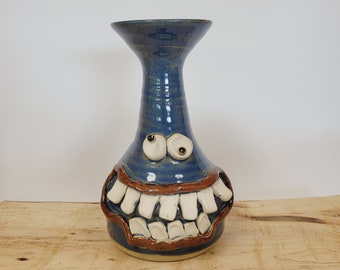 Modern Southern Face Pot. Blue. Handmade Stoneware Pottery Ugly Jugs. NelsonStudio UG CHUG. Fresh Cut Flower Vase. Smiley Face Funny Decor.