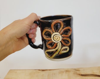 Mother's Day Flower Tea Mug Coffee Cup. Black. Ceramic Pottery Mug with Big Gerber Daisy Flower Nature Lover Mug. Gifts for Nature Lovers