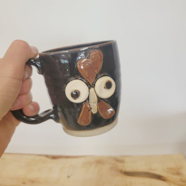 Pottery Chicken Mug in Black. Cute Hot Tea Mug. Funny Face Coffee Cup. Comical Chicken Mug. Farmhouse Chicken Rooster Hen Collector