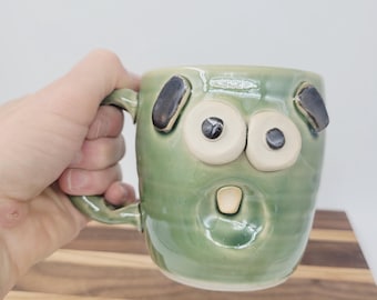 Fun Ceramic Morning Coffee Cup | Green | Handmade Ceramic Face Mug