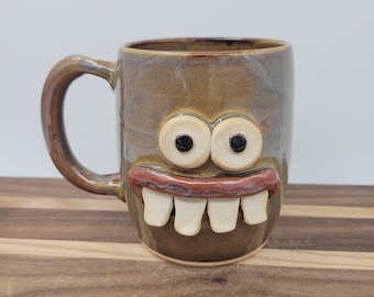Coffee Cups and Mugs. Funny Home Project DIY Smiley Face Mug. UgChug. Caramel Brown.