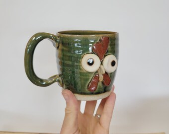 RICK the Farmhouse Rooster Mug. Chicken Collector Coffee Cup. Handmade Stoneware Clay Pottery. Ceramic Cups Mug. Green Nelson Studio Ug Chug